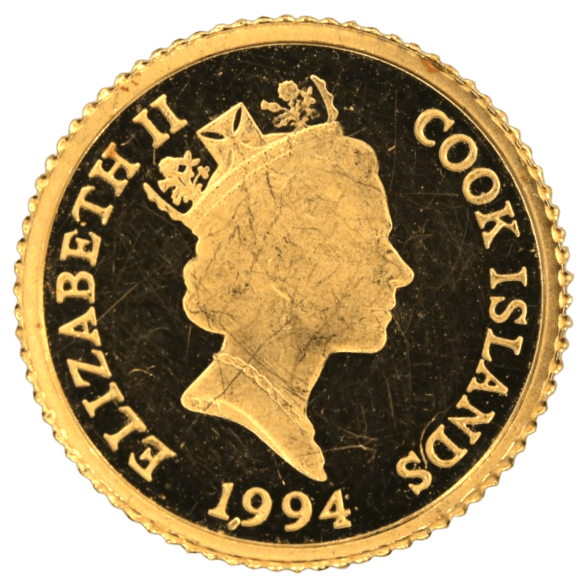 NJ BUYER'S MARKETPLACEの1994年クック諸島5ドル金貨。エリザベス2世の肖像が刻印されたゴールドコイン。