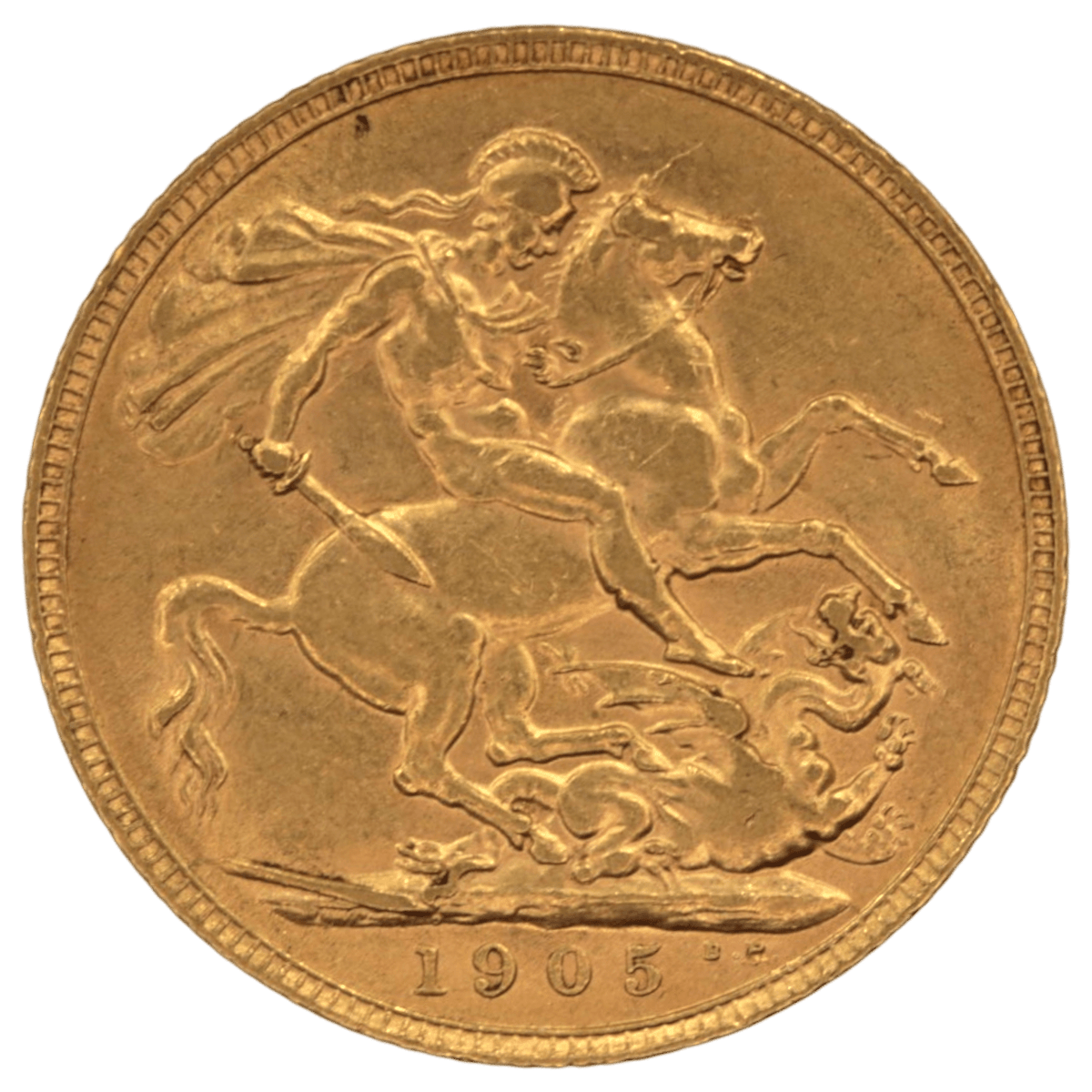 NJ BUYER'S MARKETPLACEの1905年製イギリス・エドワード7世ソヴリン金貨。聖ジョージの竜退治が描かれたアンティークコイン