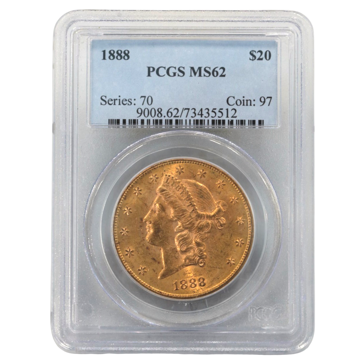 NJ BUYER'S MARKETPLACEの1888年製アメリカ20ドル金貨。PCGS MS62鑑定済み、リバティヘッドデザインのアンティークコイン。