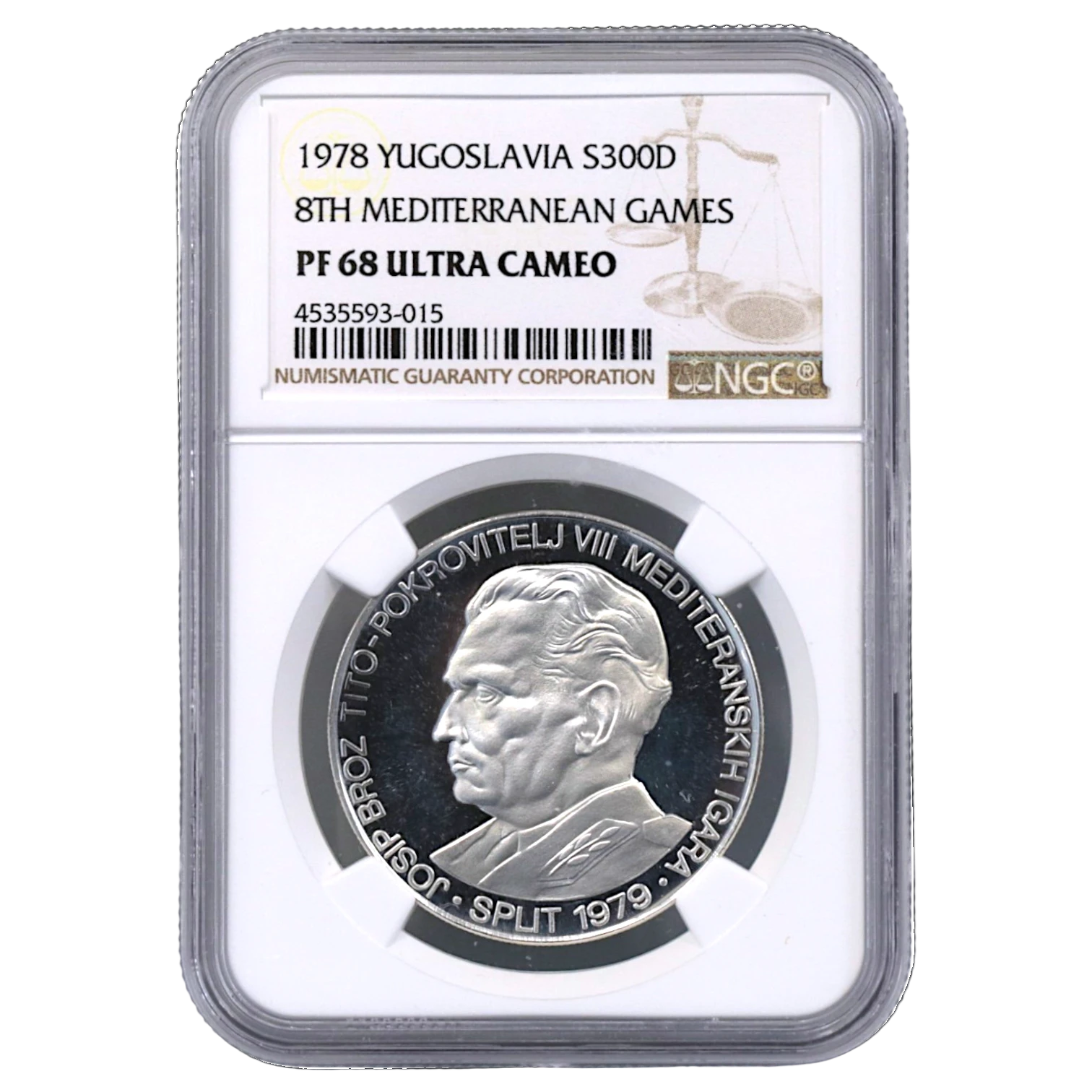 ユーゴスラヴィア 300ディナーラ銀貨 1978年 マイダンペク鋳 第8回地中海競技大会 NGC PF68UC