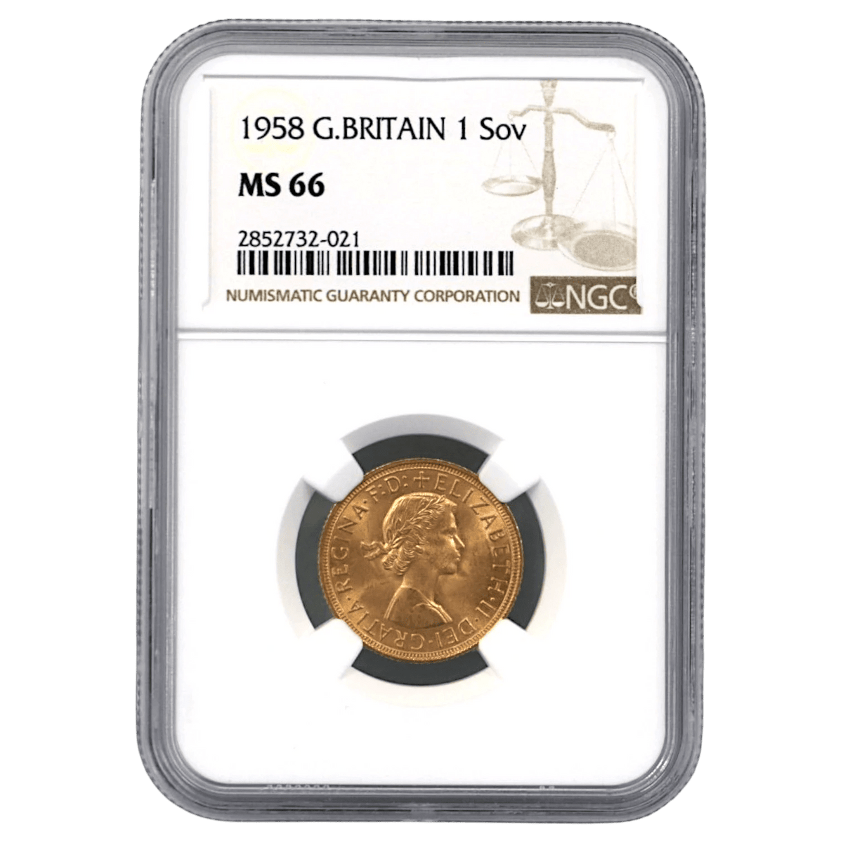 イギリス ソヴリン金貨 1958年 ロンドン鋳 エリザベス2世 MS66｜NJ 