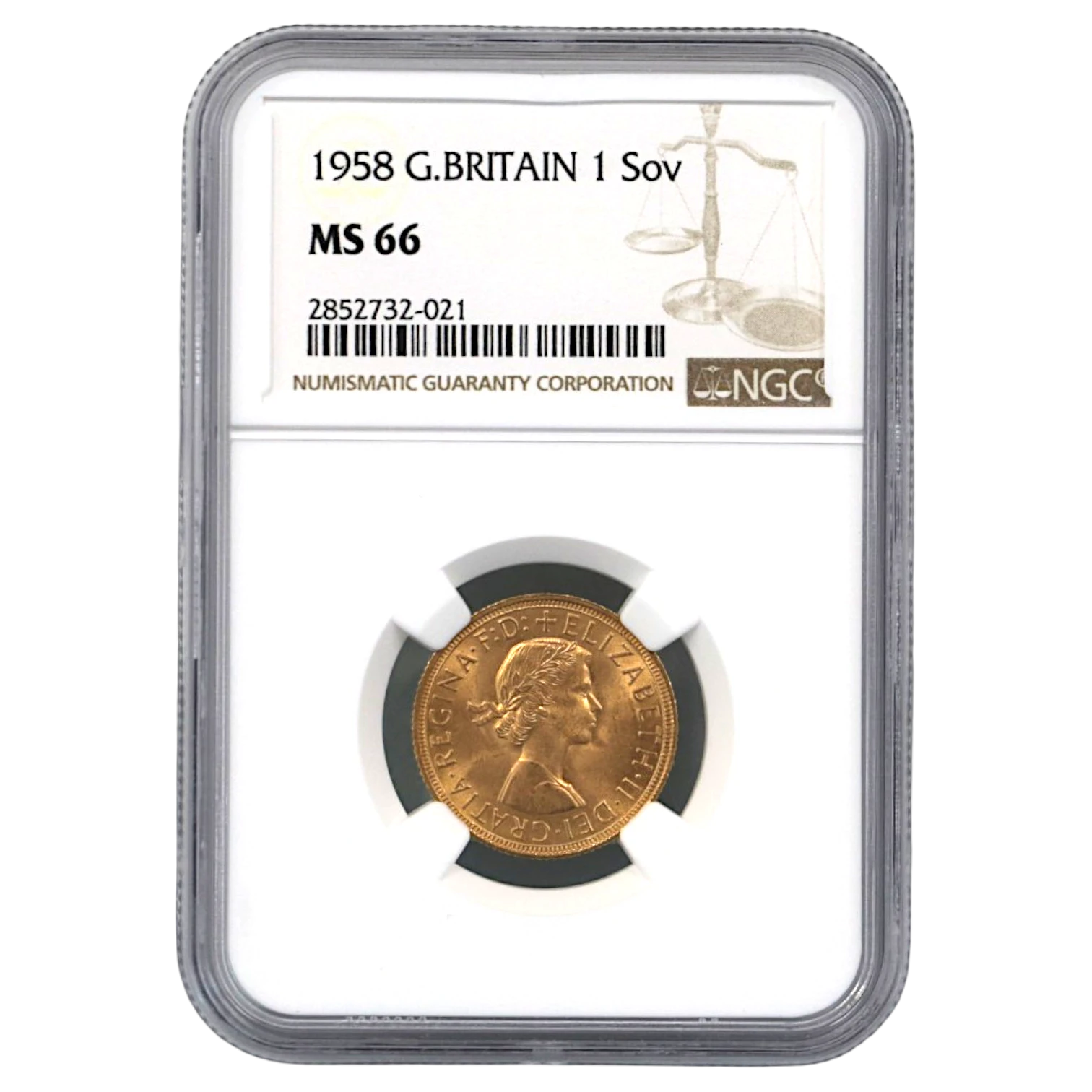 イギリス ソヴリン金貨 1958年 ロンドン鋳 エリザベス2世 MS66