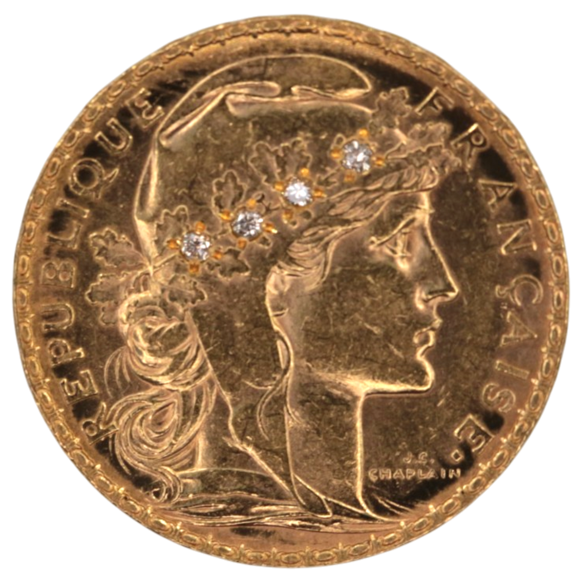 フランス 20フラン金貨 1908年 パリ鋳 マリアンヌ メレダイヤ象嵌