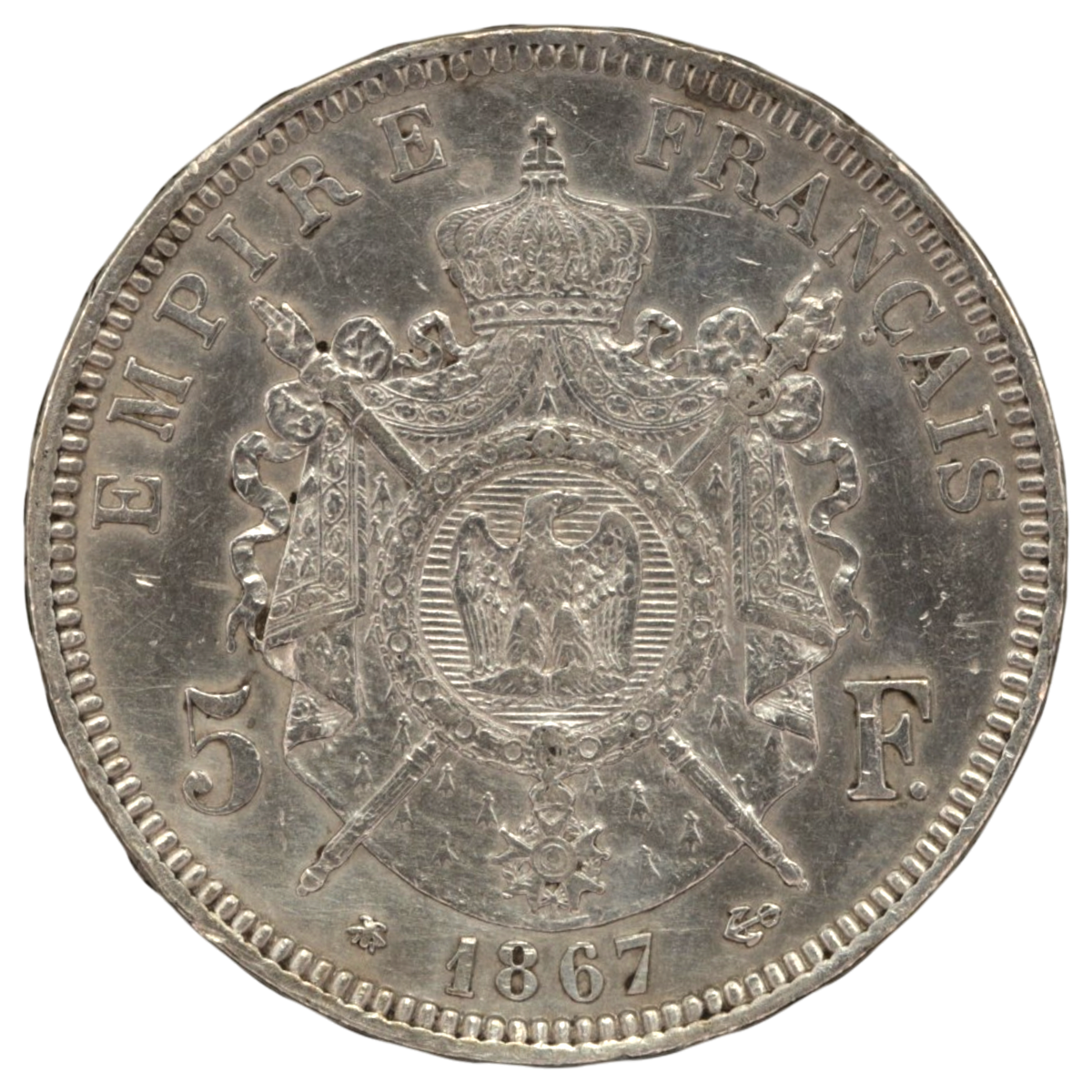 フランス 5フラン銀貨 1867年 パリ鋳 ナポレオン3世 有冠