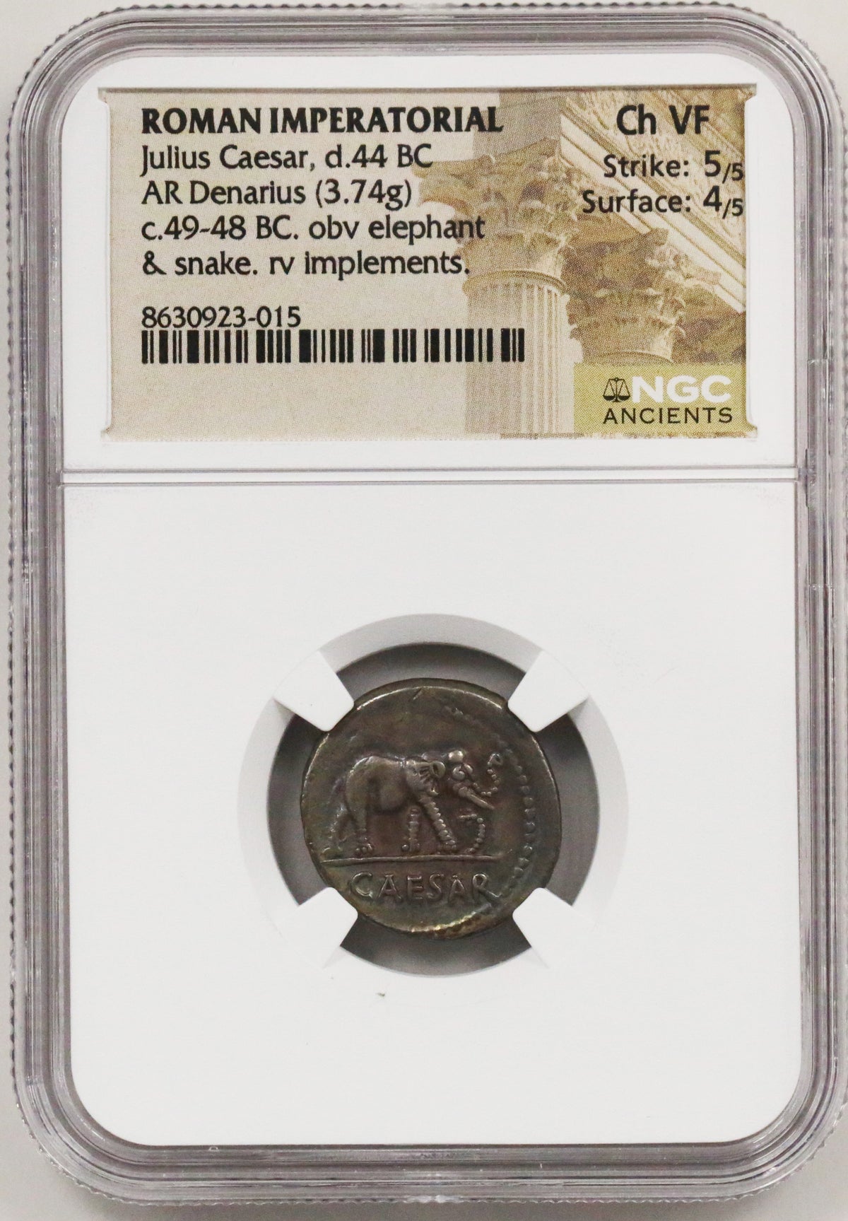 ローマ デナリウス銀貨 前49～前48年頃 ガイウス・ユリウス・カエサル NGC Ch-VF 5/5 4/5 - NJ BUYER'S MARKETPLACE