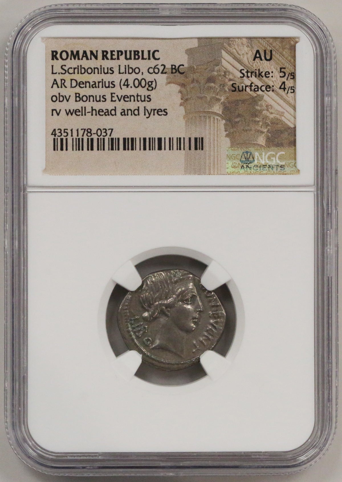ローマ デナリウス銀貨 前62年頃 ボヌス・エウェントゥス NGC AU 5/5 4/5