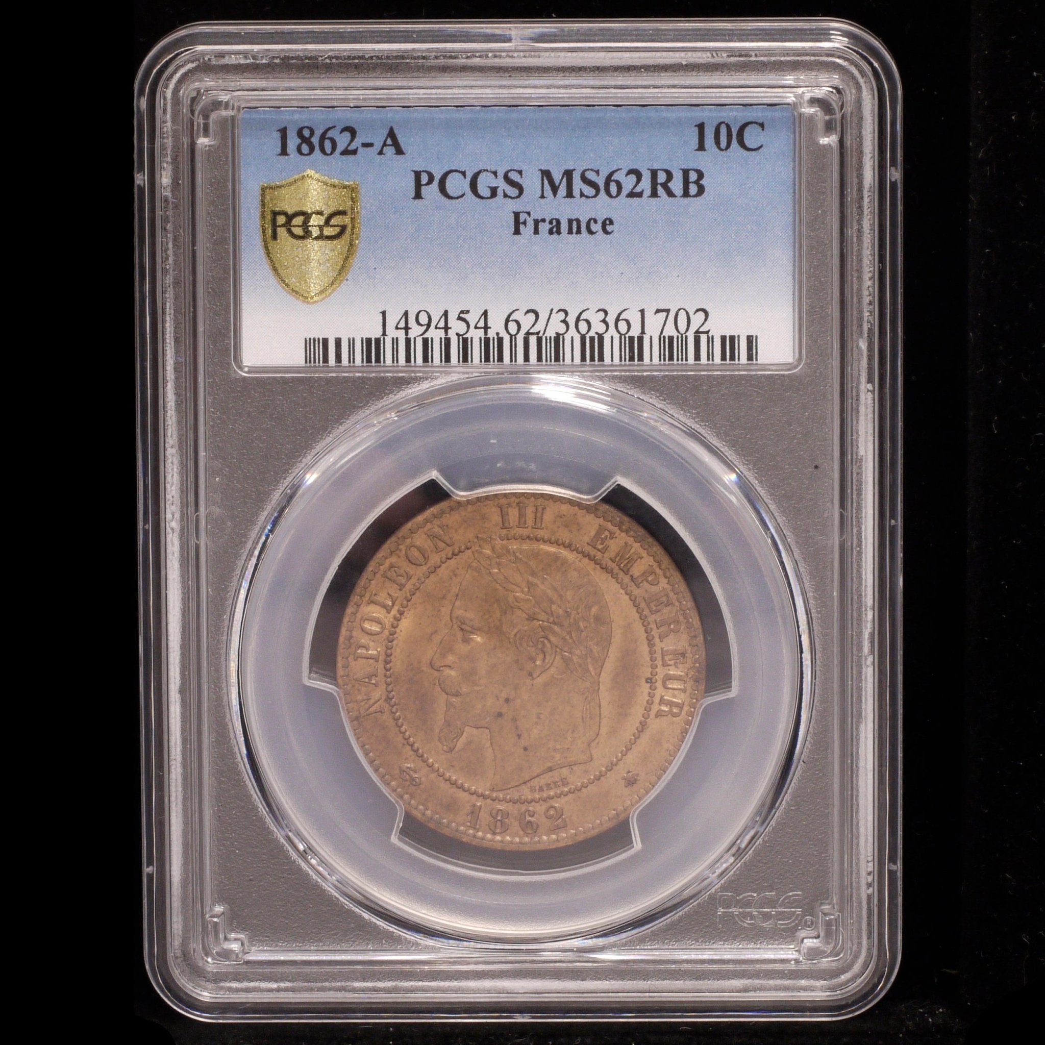フランス 10サンチーム銅貨 1862年 ナポレオン3世 PCGS MS62 REDISH BROWN - NJ BUYER'S MARKETPLACE