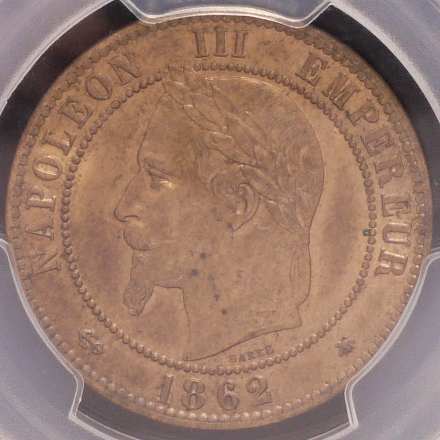 France 10 Santeim copper coins 1862 Napoleon III PCGS MS62 Redish Brown