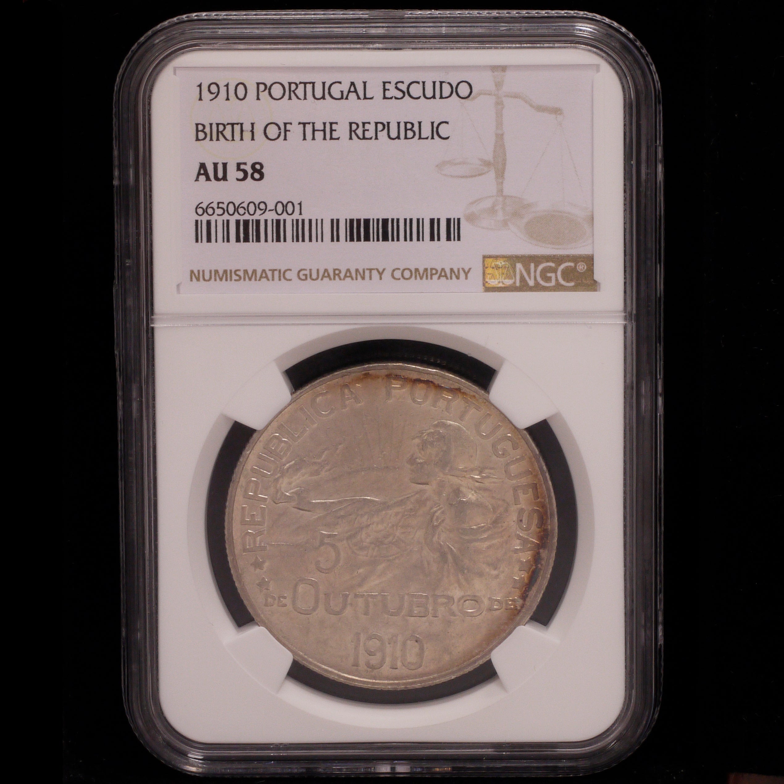 葡萄牙Escudo銀幣1910年誕生共和國NGC AU58