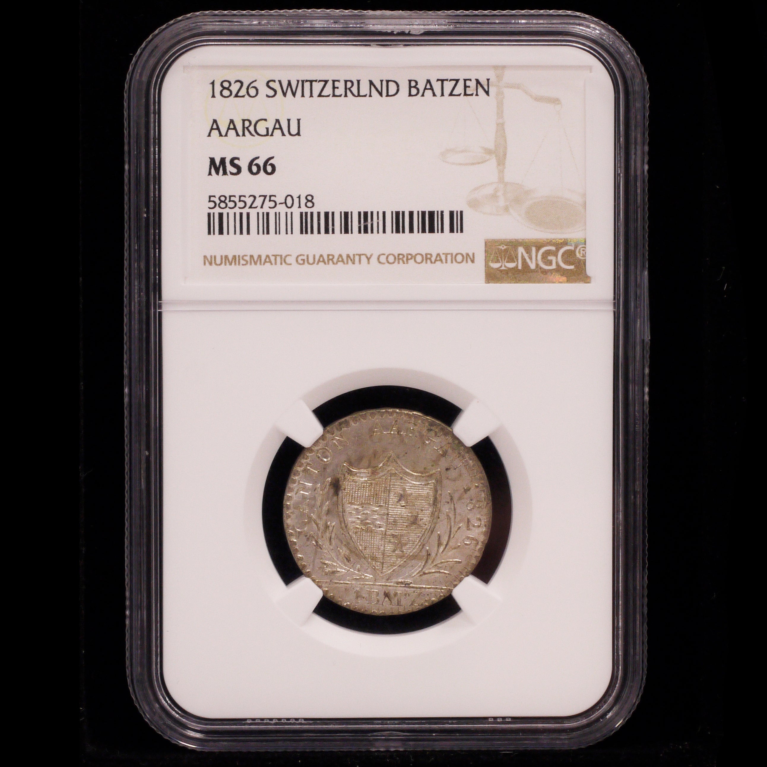 Switzerland 1 Batsen Silver Coin 1826 AAALGAL Shield Arms NGC MS66