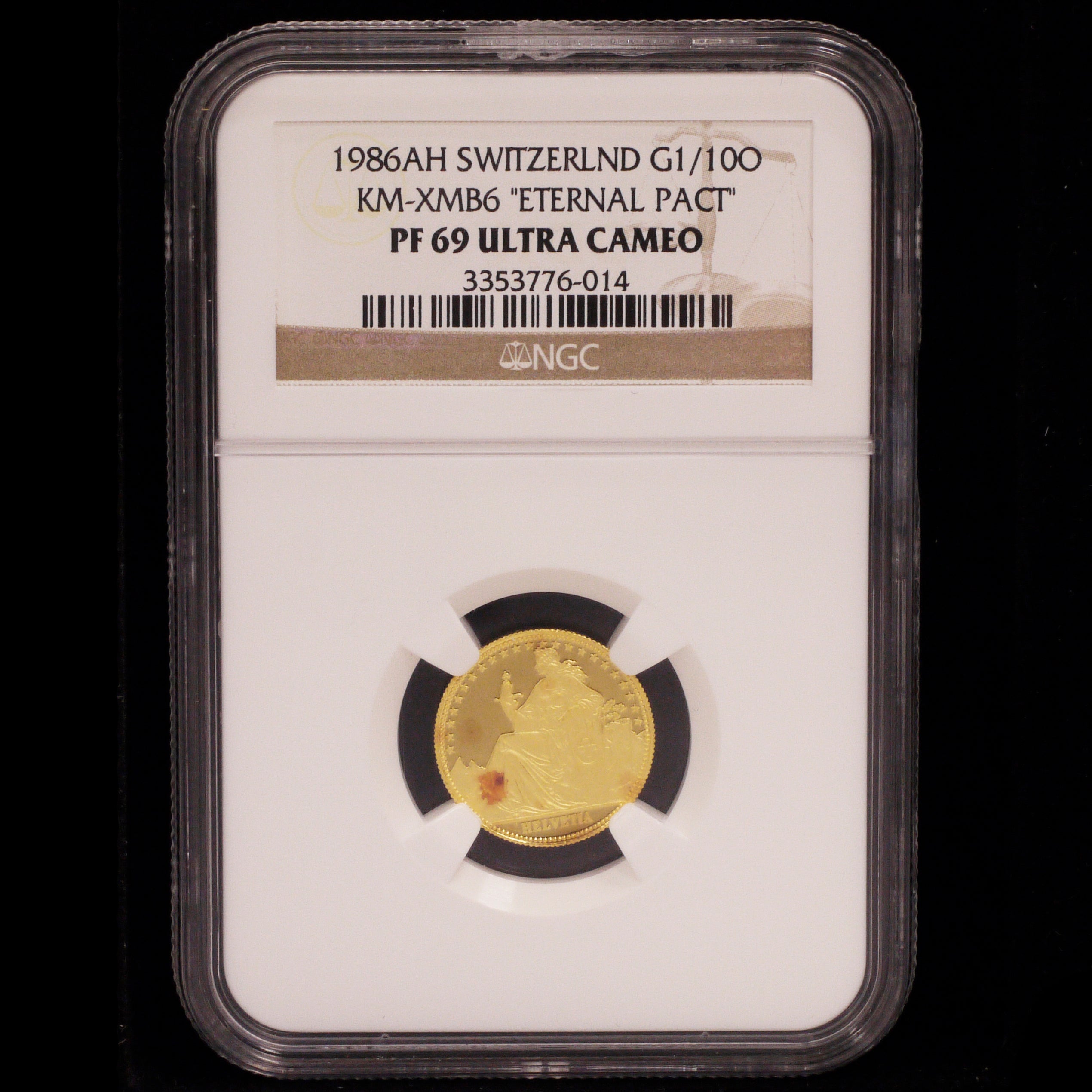 Switzerland 1/10OZ Gold Medal 1986 NGC PF69 Ultra Cameo