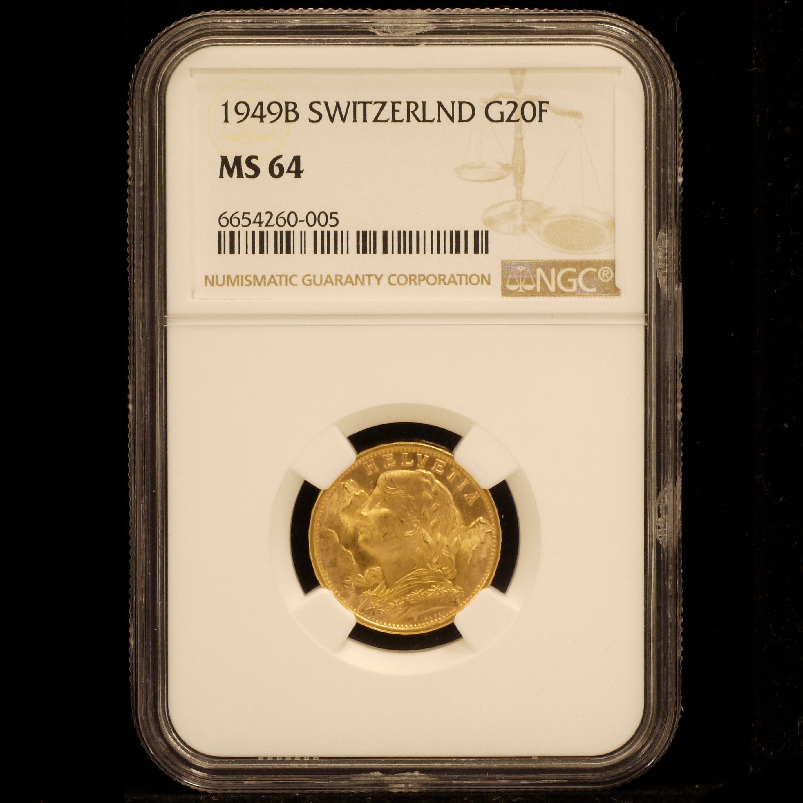 スイス 20フラン金貨 1949年 ヘルヴェティア NGC MS64