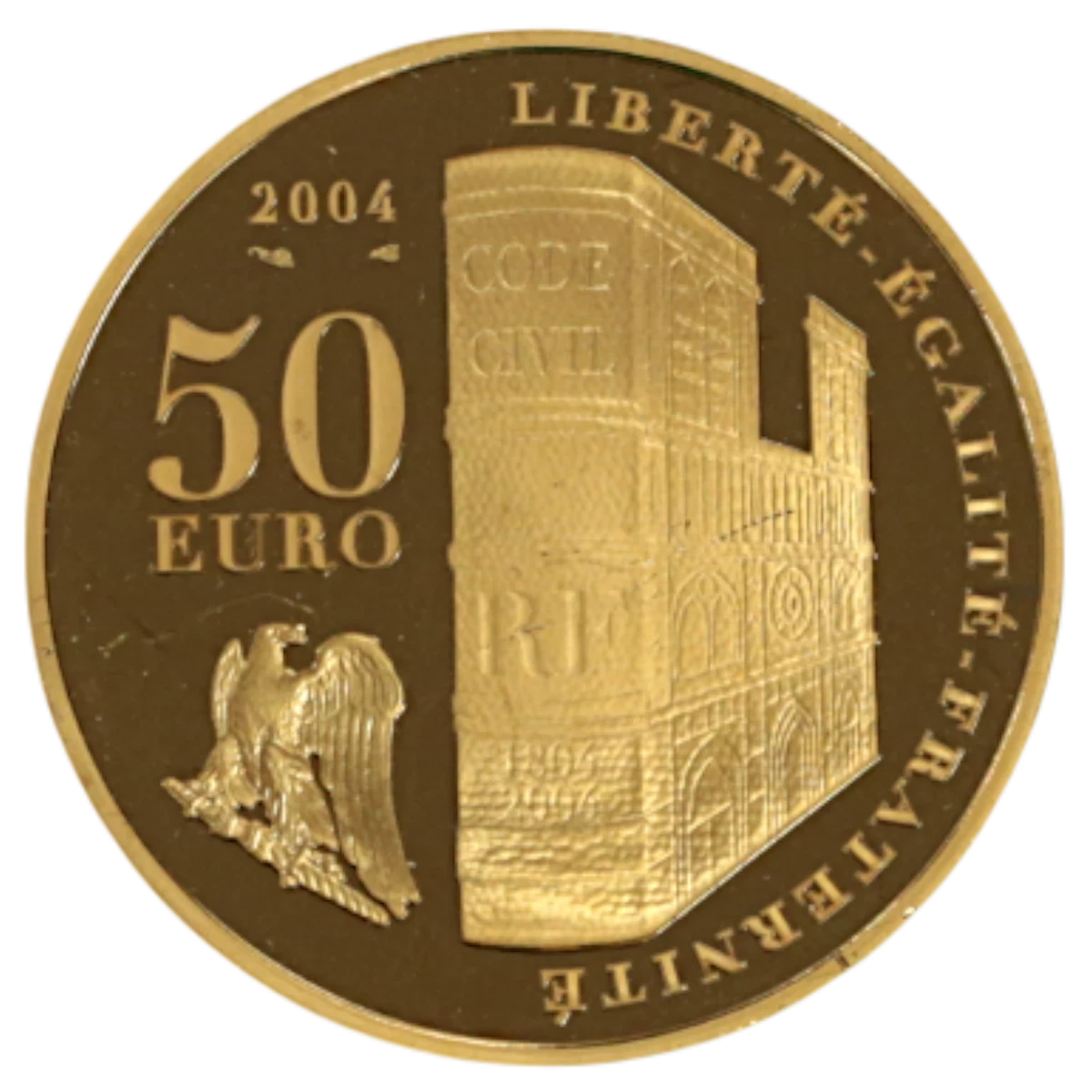 NJ BUYER'S MARKETPLACEの2004年フランス記念50ユーロ金貨。裏面に民法典と鷲が精緻に刻印されたゴールドコイン