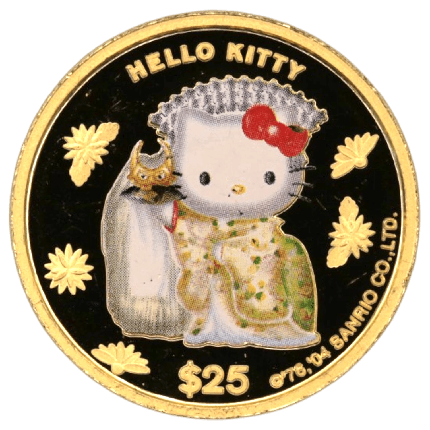 NJ BUYER'S MARKETPLACEの2004年クック島発行ハローキティ25ドル金貨。着物姿のキティが描かれた限定1,500枚の記念コイン