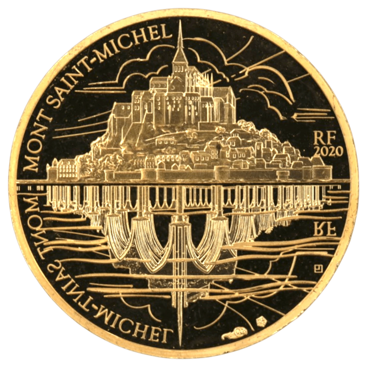 NJ BUYER'S MARKETPLACEのフランス2020年発行モン・サン＝ミシェル50ユーロ金貨。修道院が水面に映る精巧なデザイン。